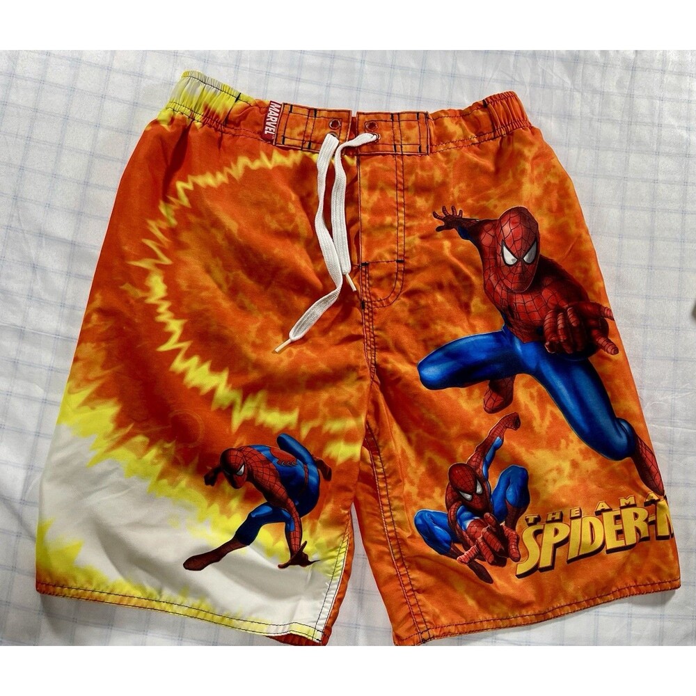 Marvel The Amazing Spider-Man Swim Trunks Boys Size S (8) Orange Fire Tie Dye
